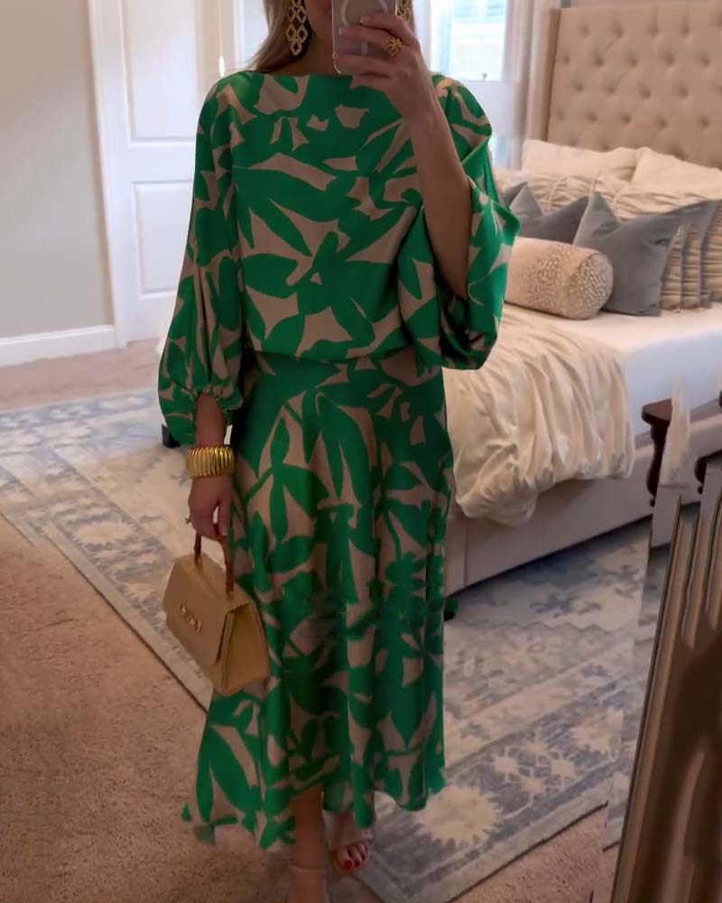 Fashionable women's two-piece set with a unique print and statement lantern sleeves.
