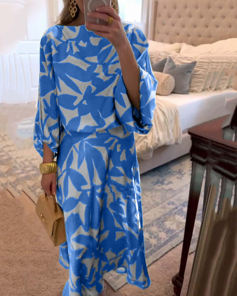 Stylish women's printed top and skirt set, showcasing beautiful lantern sleeves.