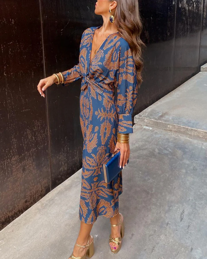 Flattering V-neck long sleeve printed dress for women, a chic option for wedding guest parties.