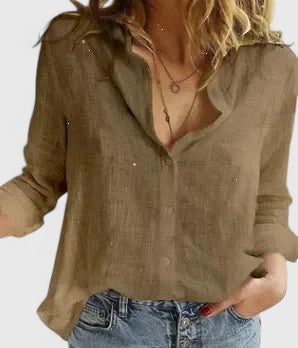 Office wear women's relaxed fit button-down blouse; elegant breathable cotton linen long sleeve shirt.