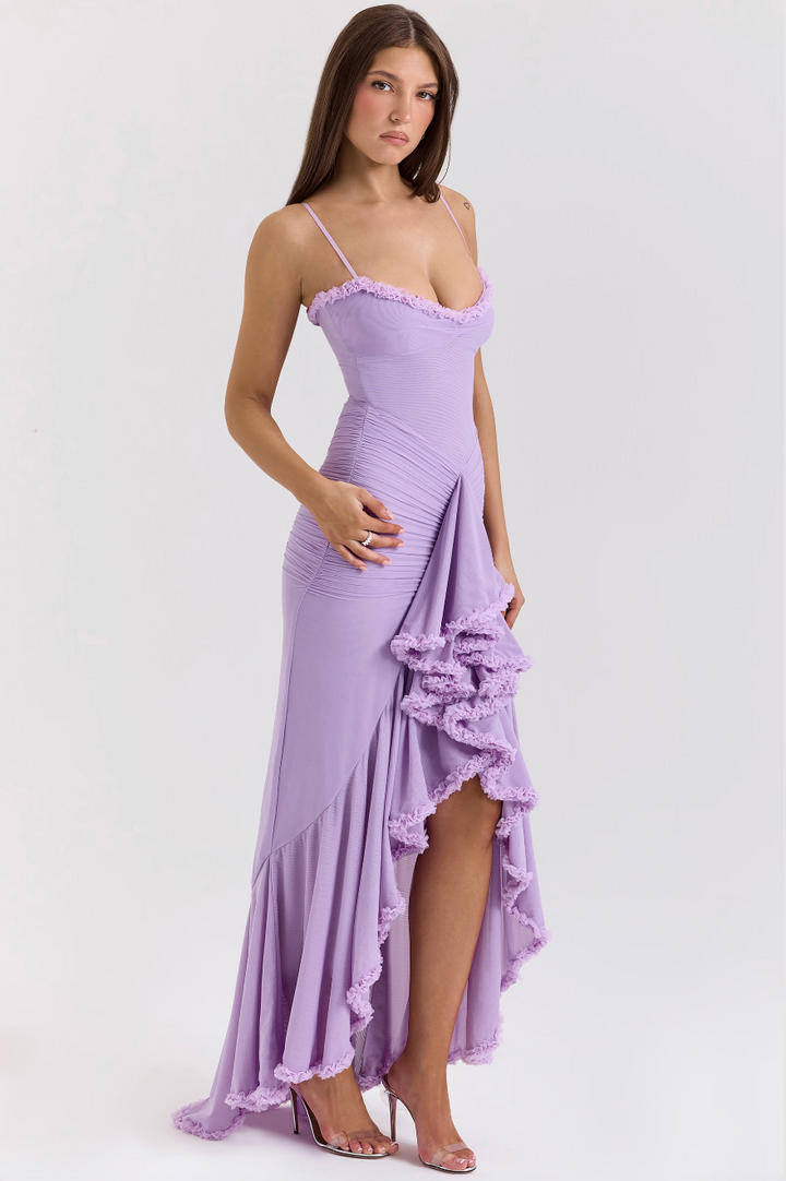 Women's feminine ruched dress, perfect for a cocktail party, showcasing elegant lace and a versatile silhouette.