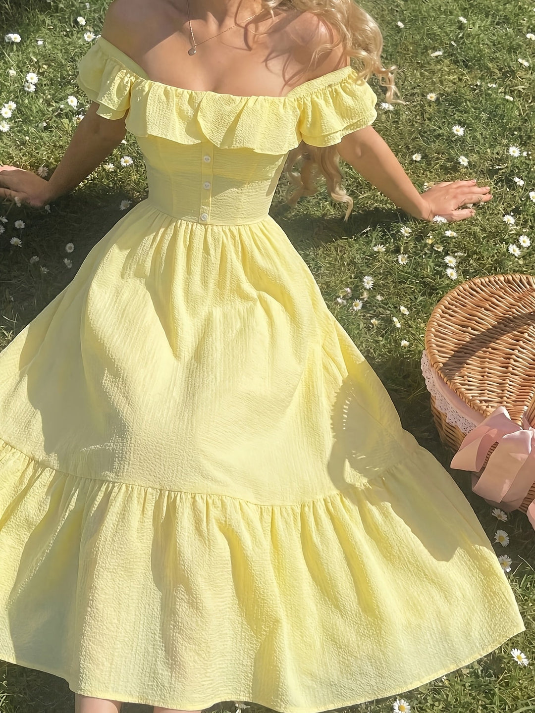 Stylish women's ruffled off-shoulder maxi dress for a chic summer, party or evening look.