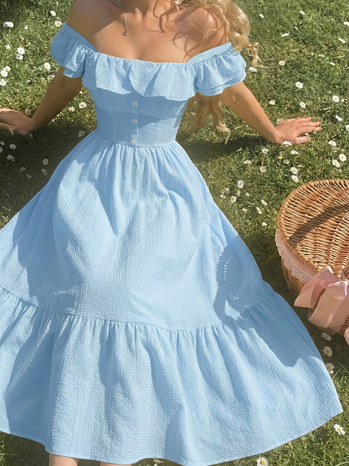 Chic women's ruffled off-shoulder maxi dress, versatile for casual, cocktail or evening wear.