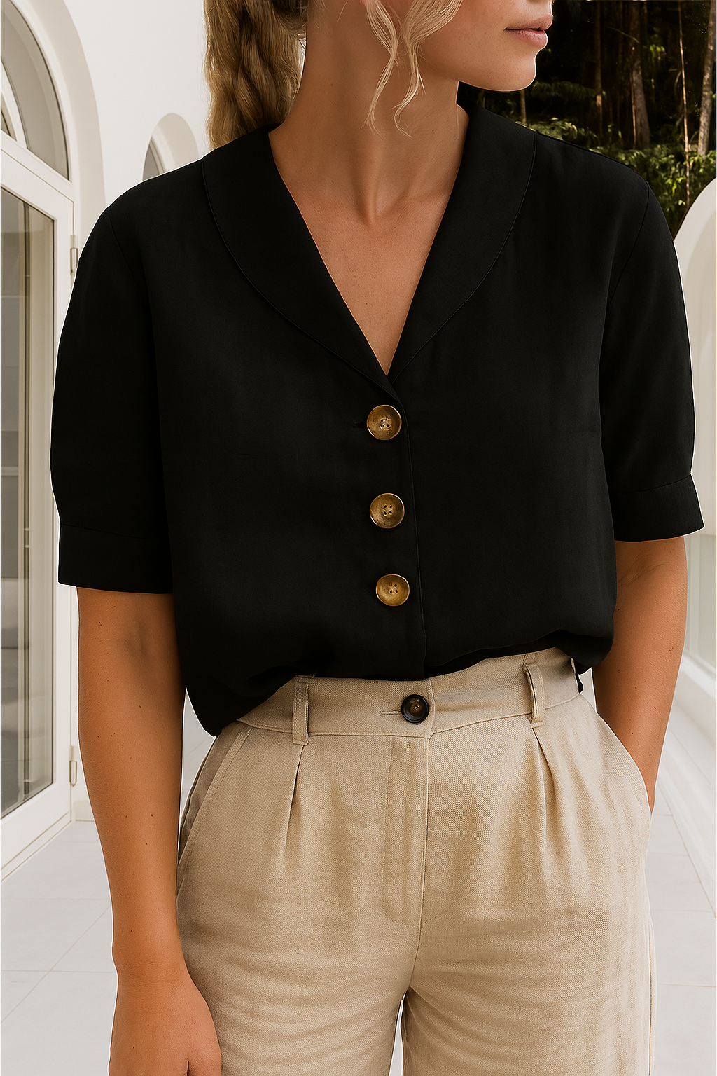 Stylish ladies short sleeve wrap top, a classic yet modern blouse for versatile casual chic or professional outfits.