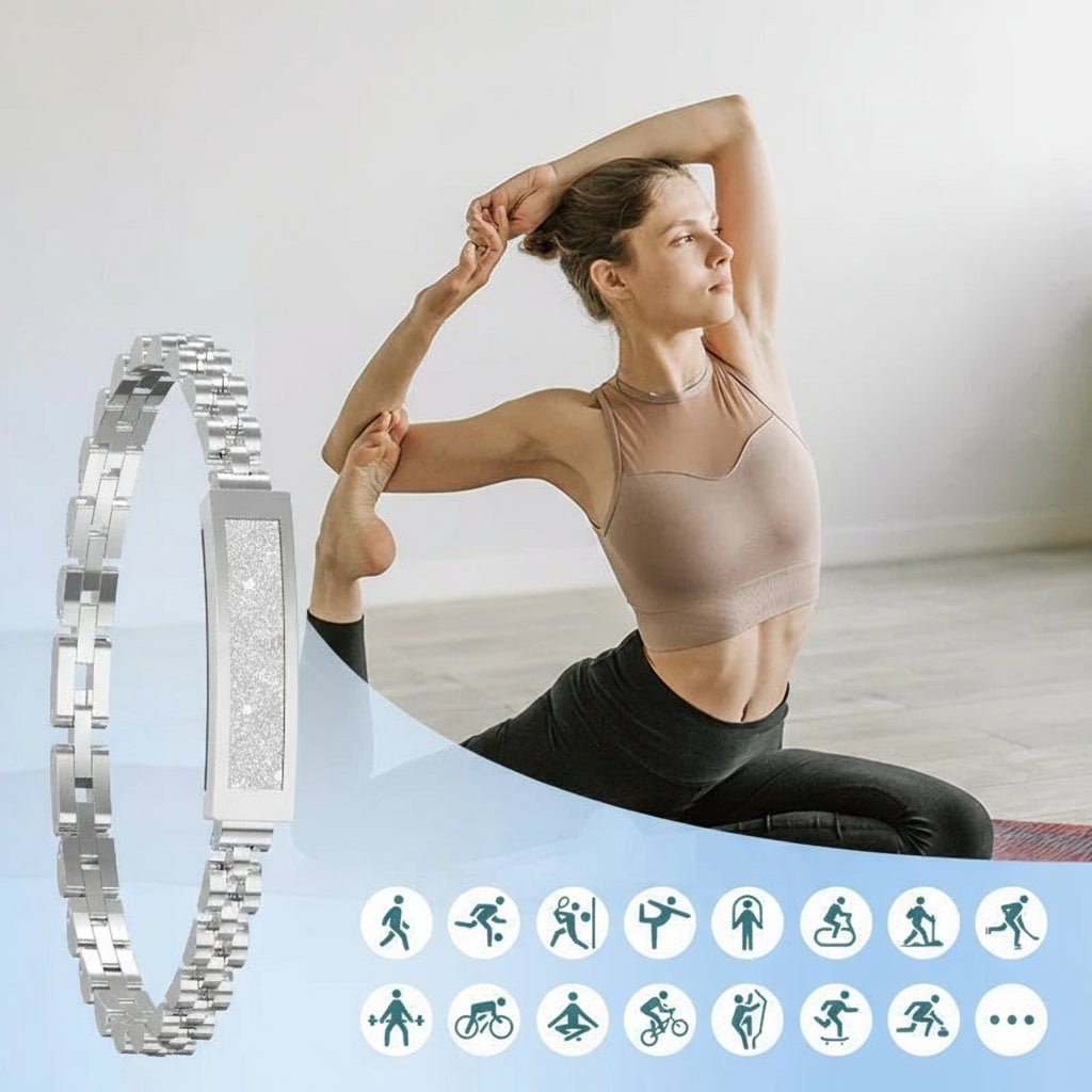 Elegant women's smart fitness tracker with multi-sport modes, perfect for active lifestyle & health goals.
