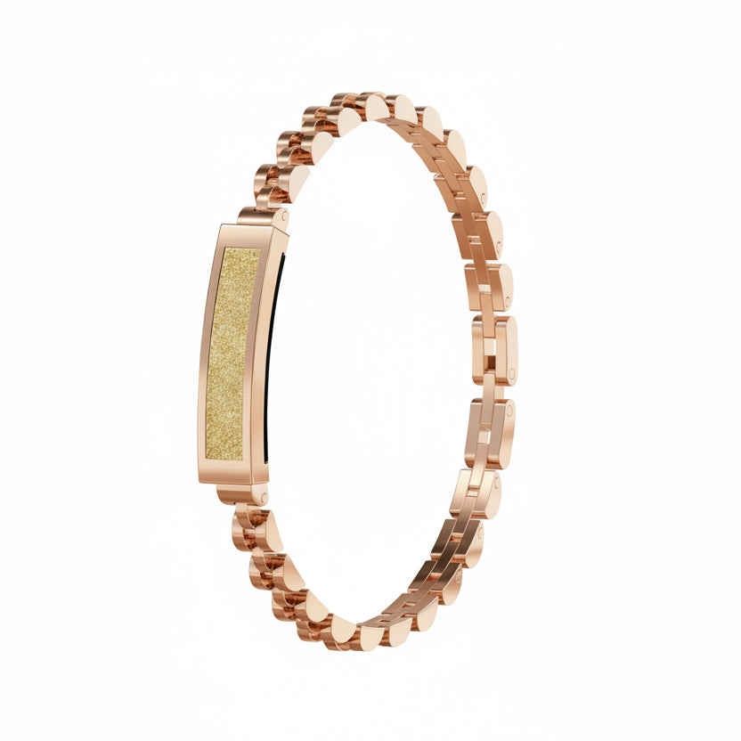 Close-up: Elegant women's smart bracelet display, showing health data, time & multi-sport mode selection.