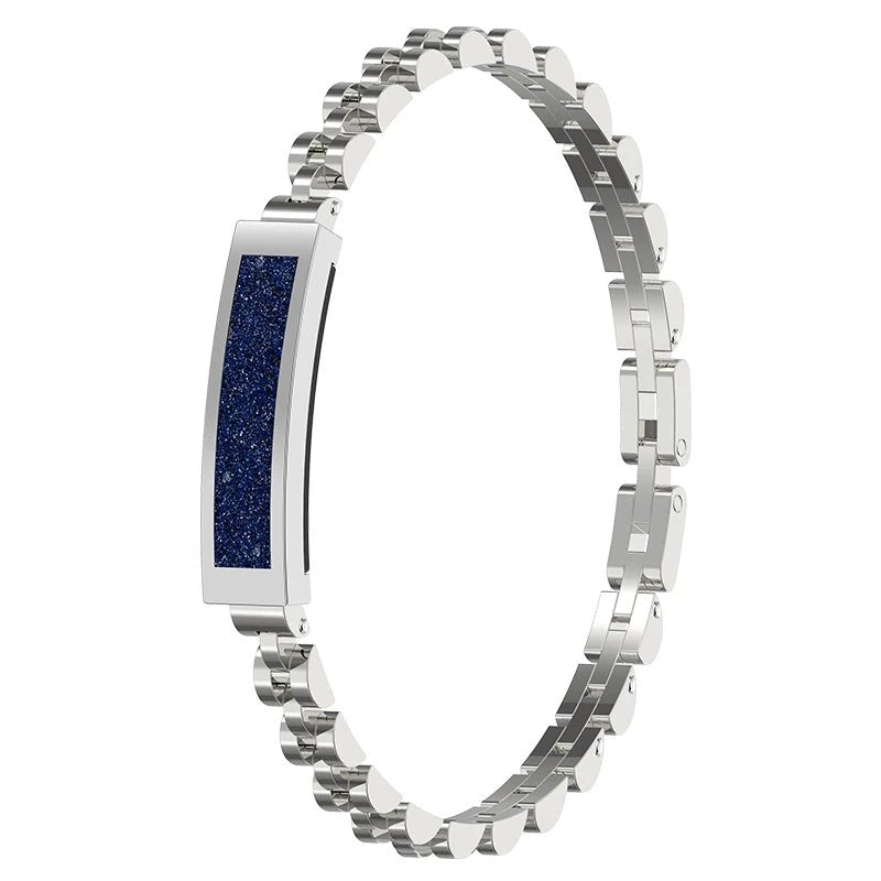 Woman wearing elegant smart bracelet on wrist, tracking activity, heart rate & receiving smart alerts.