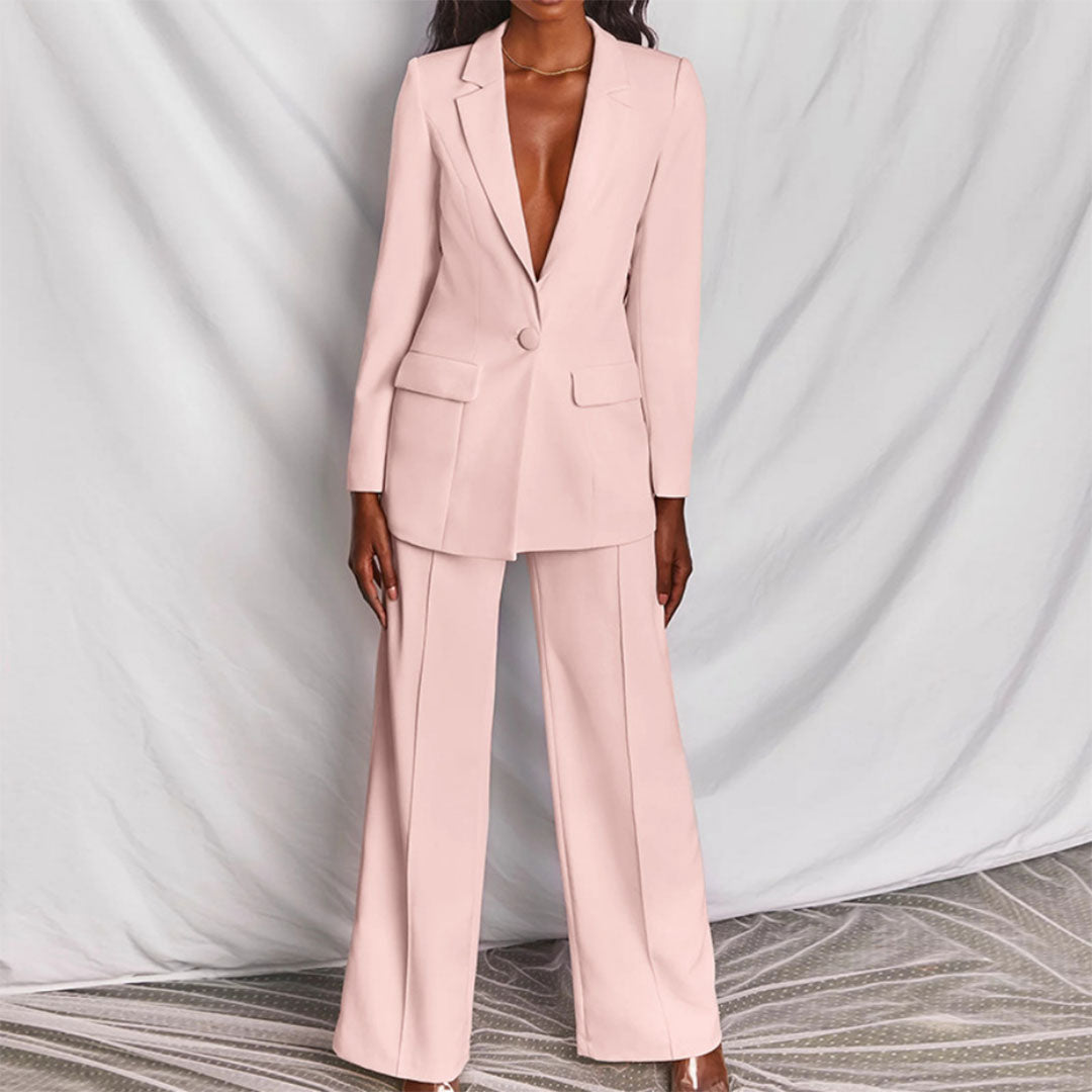 Stylish women's tailored blazer & pants outfit, a sophisticated 2 piece set for modern professional women.