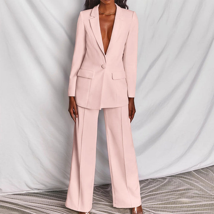 Stylish women's tailored blazer & pants outfit, a sophisticated 2 piece set for modern professional women.