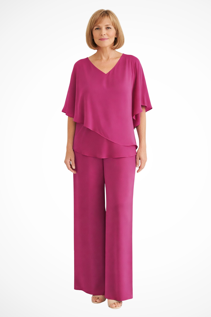 Elegant women's matching set: Flowy V-neck batwing top & wide leg trousers. Perfect for office or casual wear.