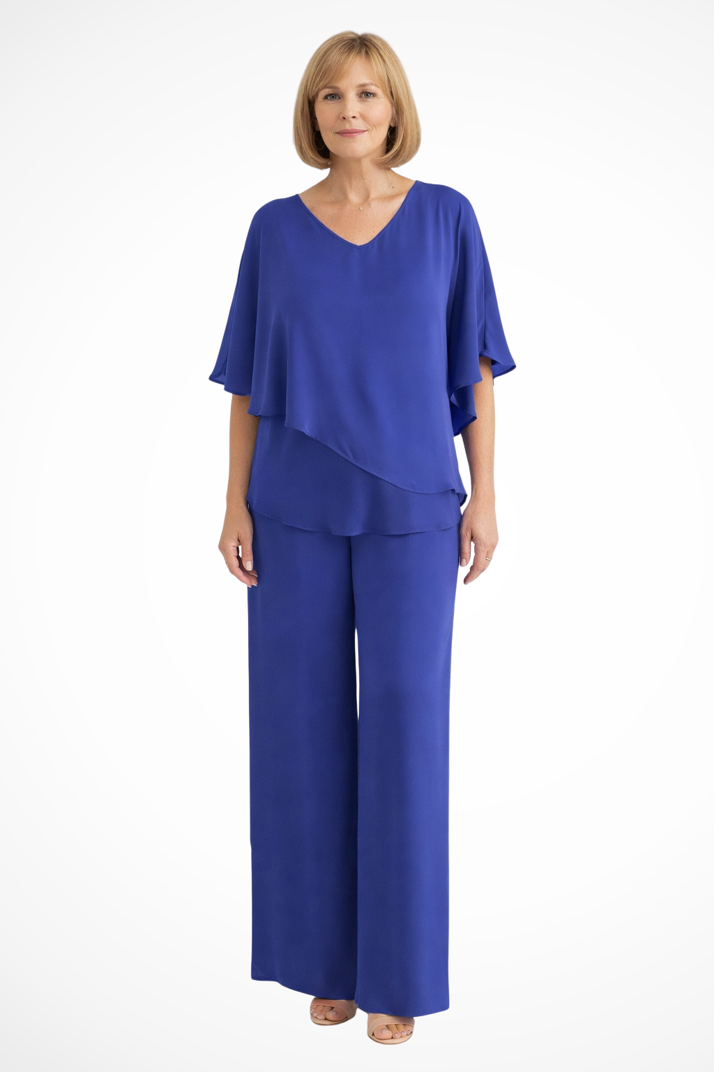 Stylish women's matching outfit, featuring a V-neck batwing top & wide leg pants. Perfect for comfort & elegance.