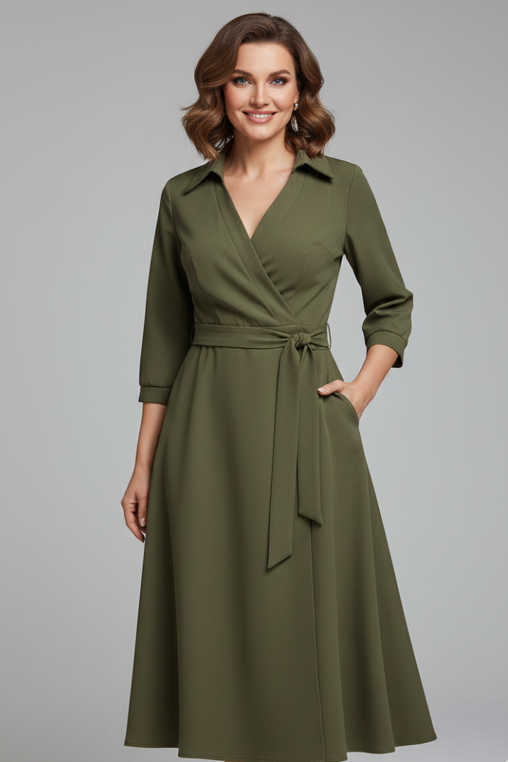 Fashionable women's long sleeve V-neck midi dress with a stylish lapel collar, ideal for elegant wear.