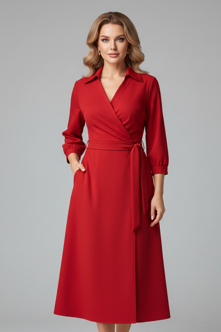 Graceful women's A-line midi dress with a flattering V-neck, long sleeves, and a defined waist tie.