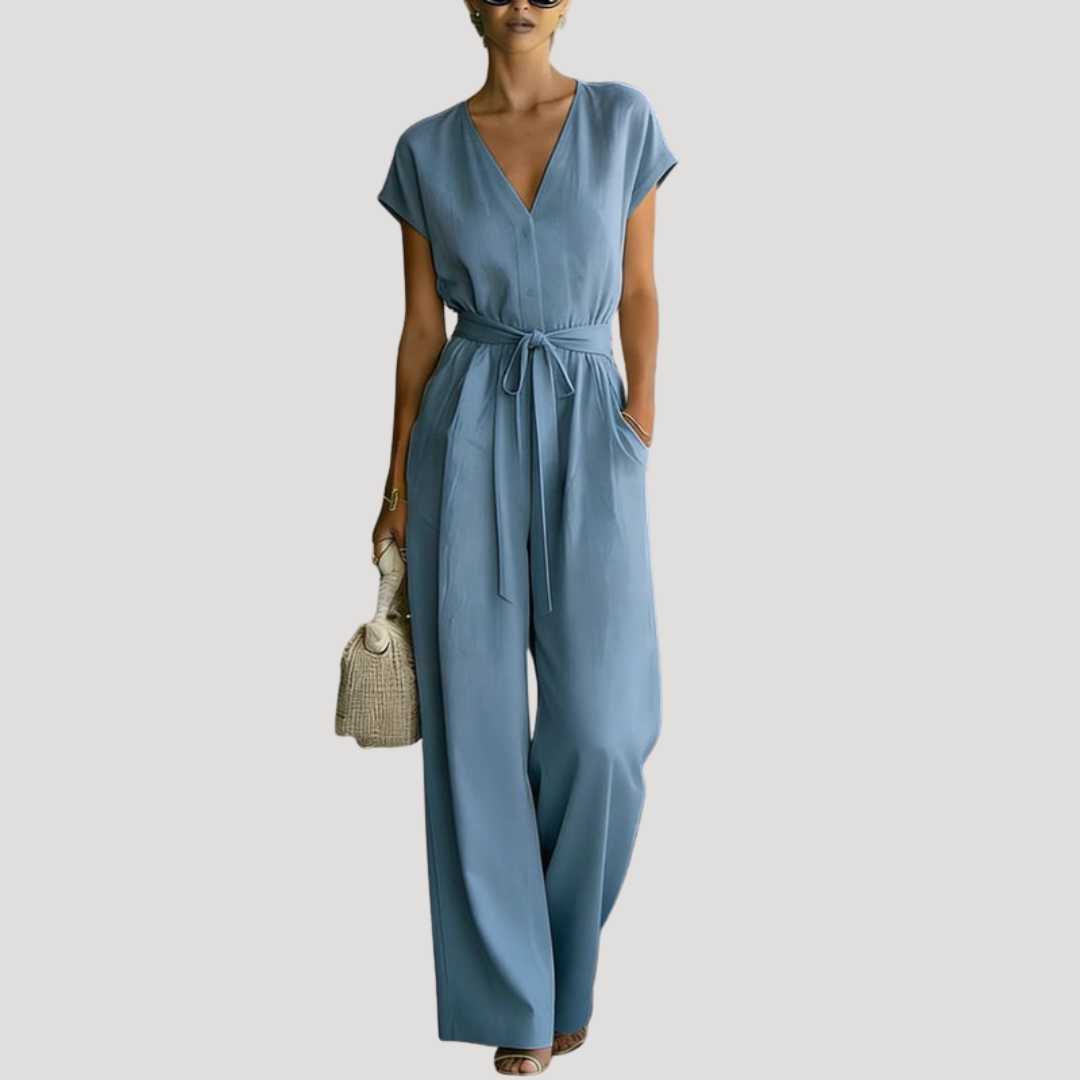 Chic women's V-neck wide leg jumpsuit with tie waist, a comfortable & versatile one-piece outfit.