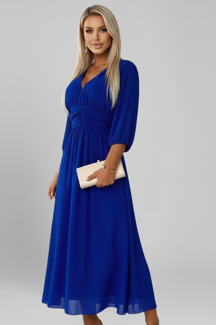 Flattering women's V-neck wrap midi dress, elegant long sleeve design enhances the silhouette.