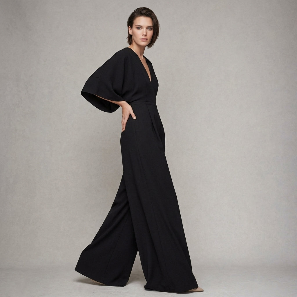 Women's elegant wide-leg jumpsuit with V-neck, flowing fabric. Comfortable & versatile fashion for sophisticated style.