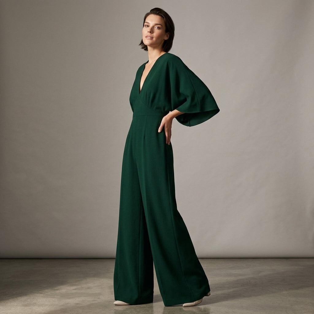 Sophisticated women's elegant jumpsuit featuring a flowing wide-leg & flattering V-neck. Perfect for versatile fashion occasions.
