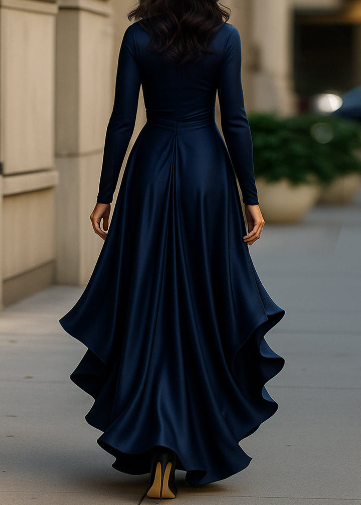 Sophisticated women's wrap gown, elegant high-low design with ruffles and long sleeves.