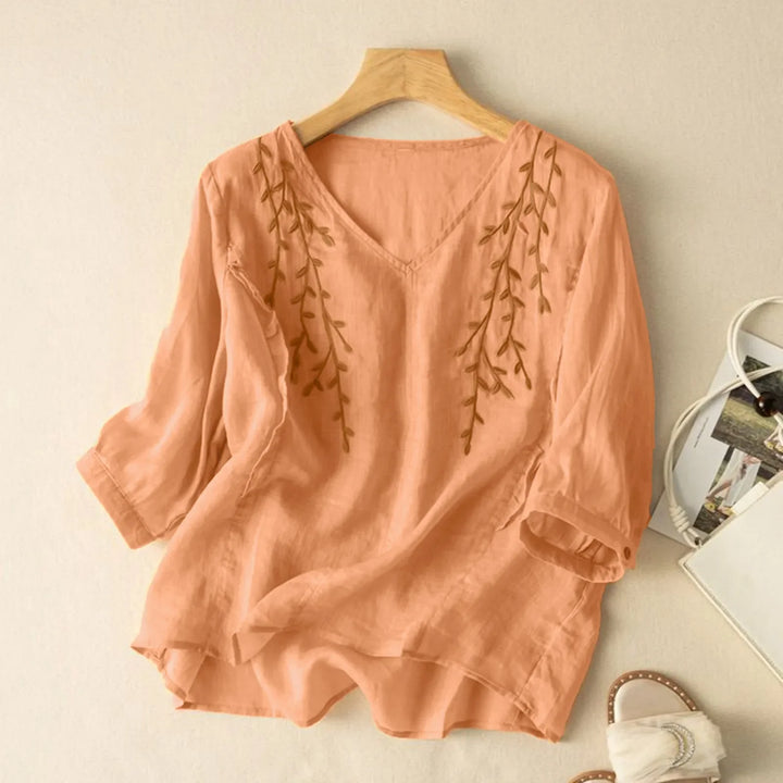 Women's embroidered linen blend blouse, bohemian style, perfect for summer casual wear