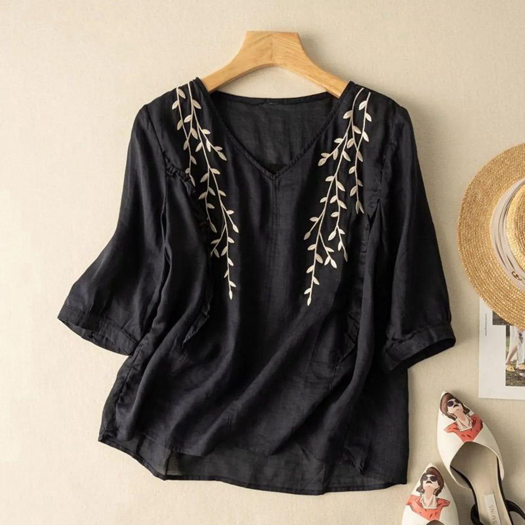 Breathable linen blend embroidered top for women, elegant summer fashion, short sleeves