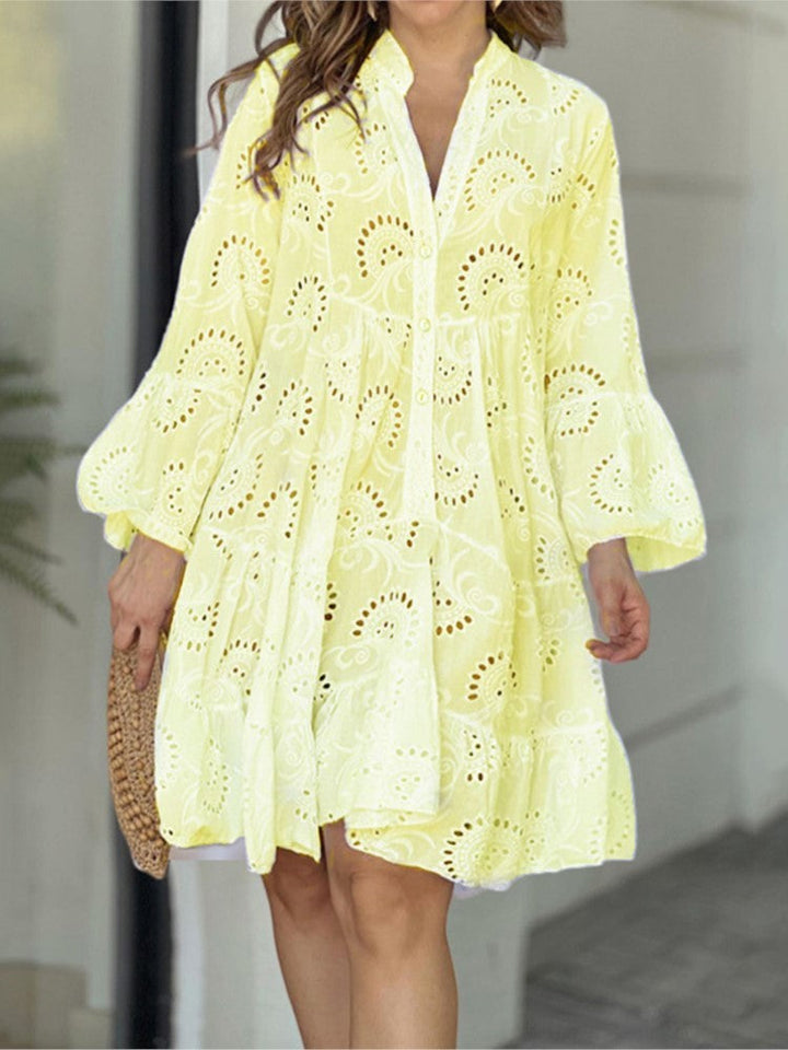 Women's boho mini dress, embroidered, tiered design, V-neck, and button-front details.