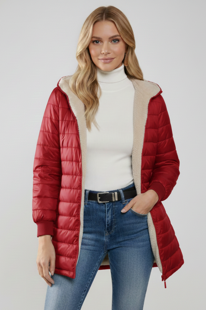 Model in women's casual hooded zip jacket, demonstrating comfort and stylish fit for daily activities.