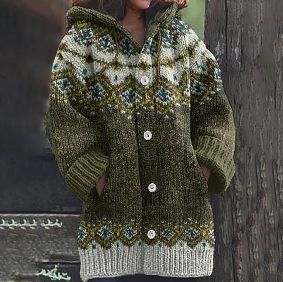 Full shot of a women's Fair Isle hooded cardigan, featuring a comfortable relaxed fit and traditional Nordic design.