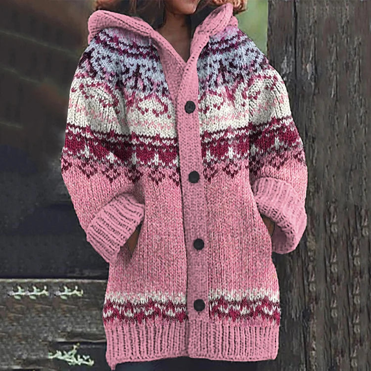 Fair Isle knit cardigan with hood for women, perfect for cozy winter fashion, made from soft, durable yarn.