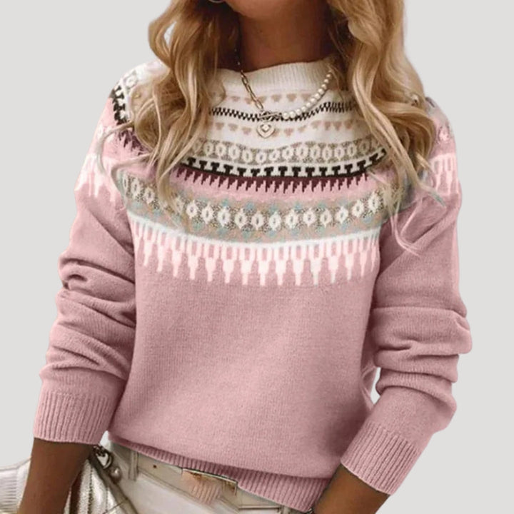 Lightweight women's Fair Isle patterned sweater, perfect for spring, showcasing intricate knit details.