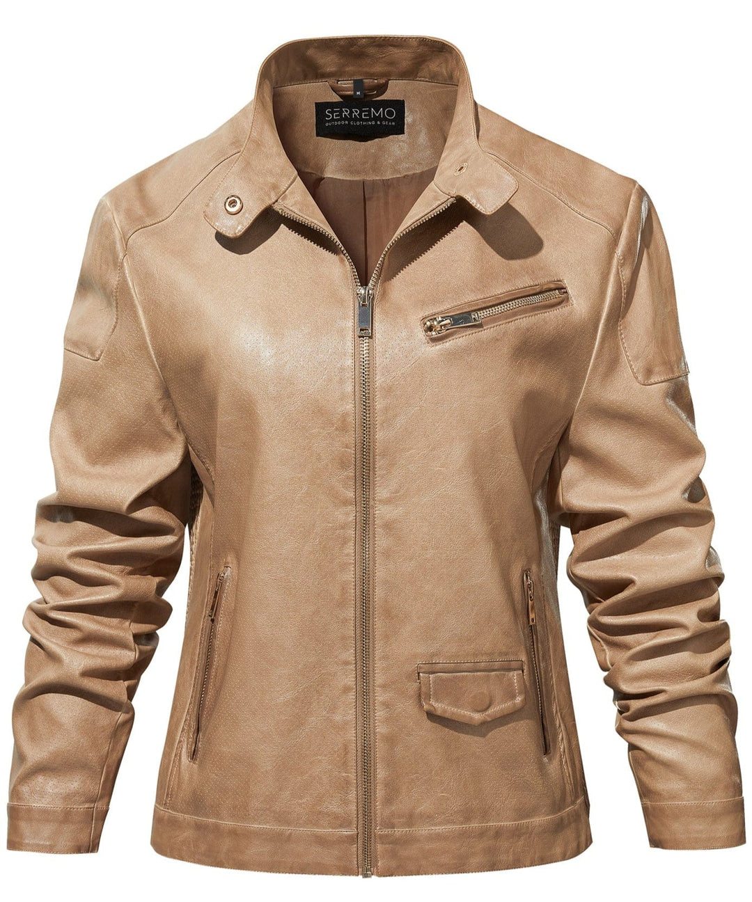 Chic women's faux leather jacket, tailored fit, side profile, ideal lightweight outerwear for classic style.