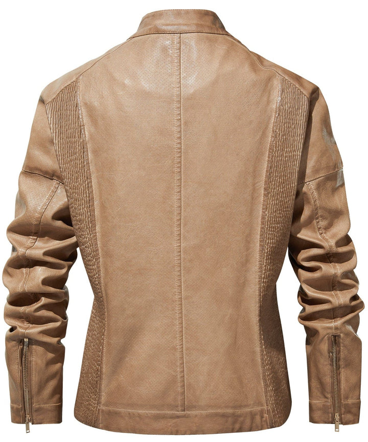 Stylish women's faux leather jacket, close-up of collar and zipper, showcasing elegant details and quality.