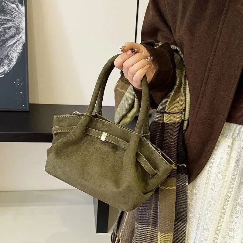Stylish women's top handle bag in faux suede, vintage design, perfect daily fashion accessory