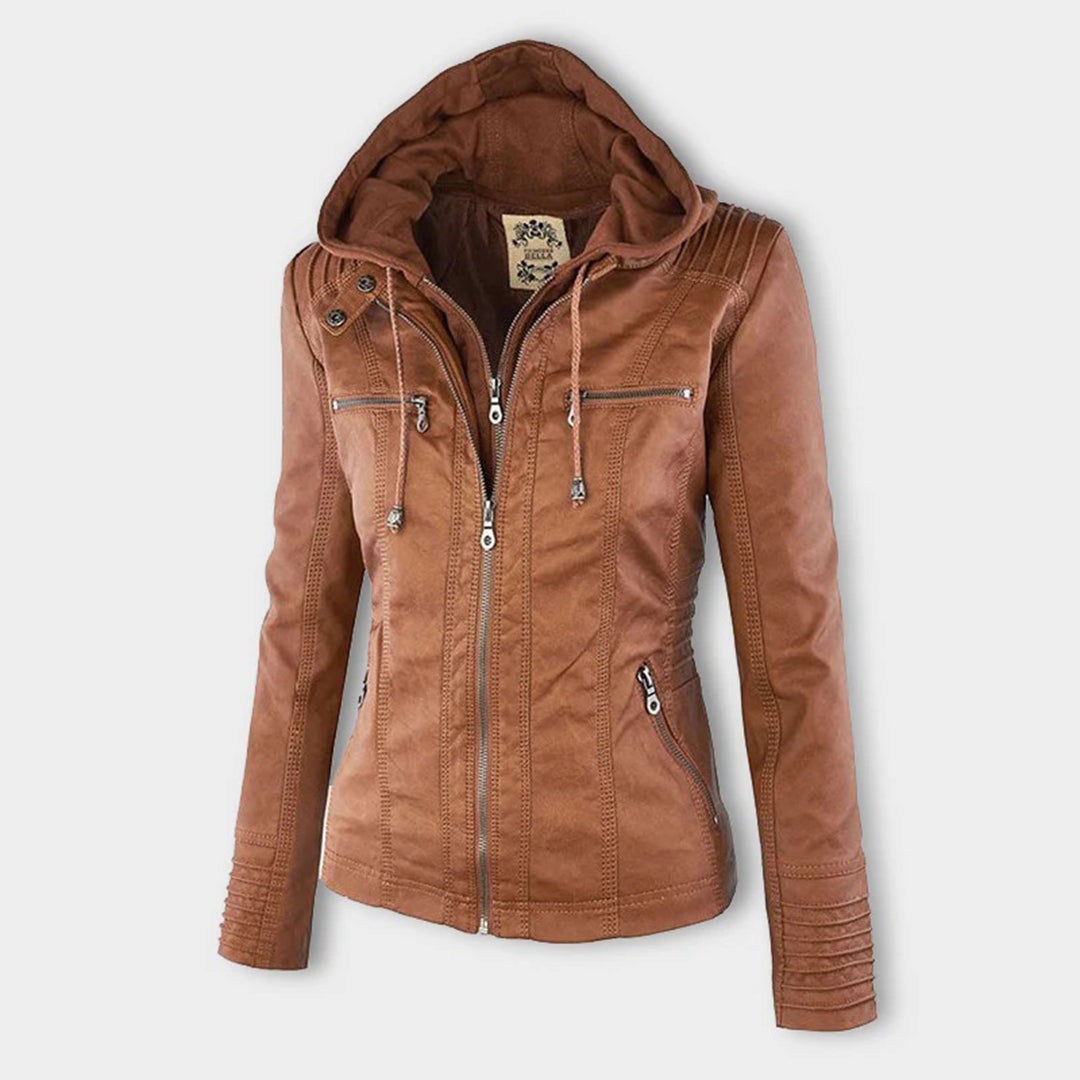 Women's fitted black faux leather biker jacket with hood for fall fashion, casual outerwear.