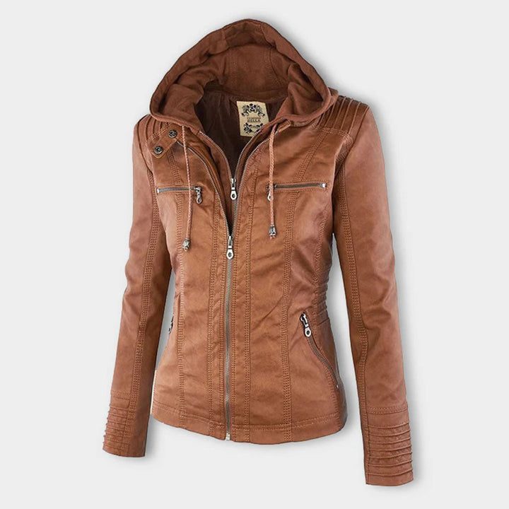 Women's fitted black faux leather biker jacket with hood for fall fashion, casual outerwear.