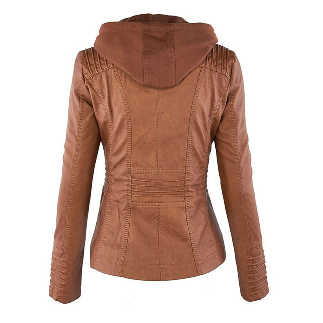 Stylish women's hooded faux leather jacket, a slim-fit biker style perfect for casual wear.