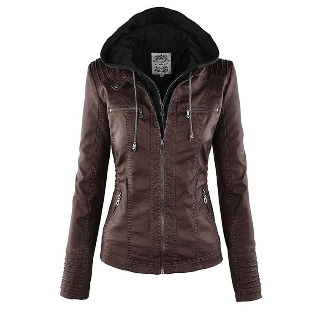 Black faux leather women's jacket with a hood, featuring a fitted biker design for autumn.