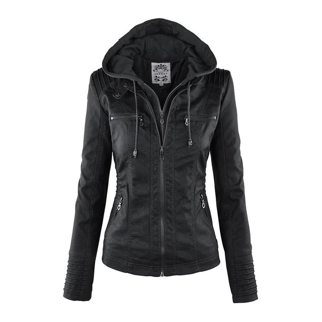 Chic women's outerwear: hooded faux leather biker jacket, form-fitting and versatile.