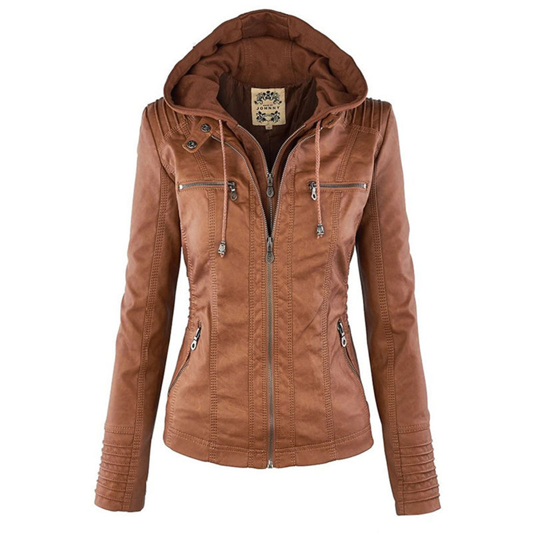 Close-up of a women's fitted faux leather biker jacket with a visible hood and zipper detail.