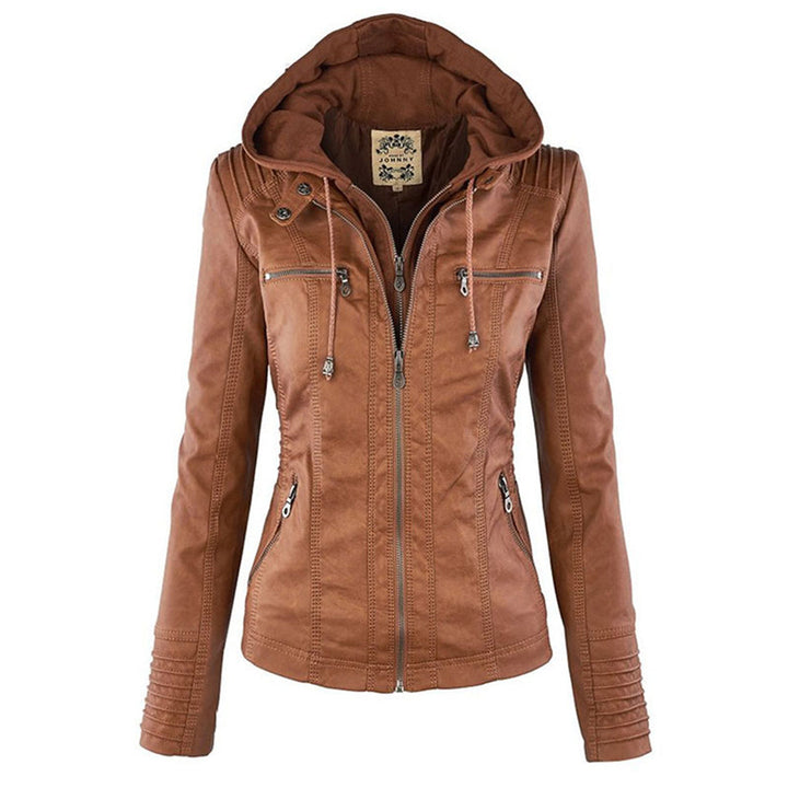 Close-up of a women's fitted faux leather biker jacket with a visible hood and zipper detail.