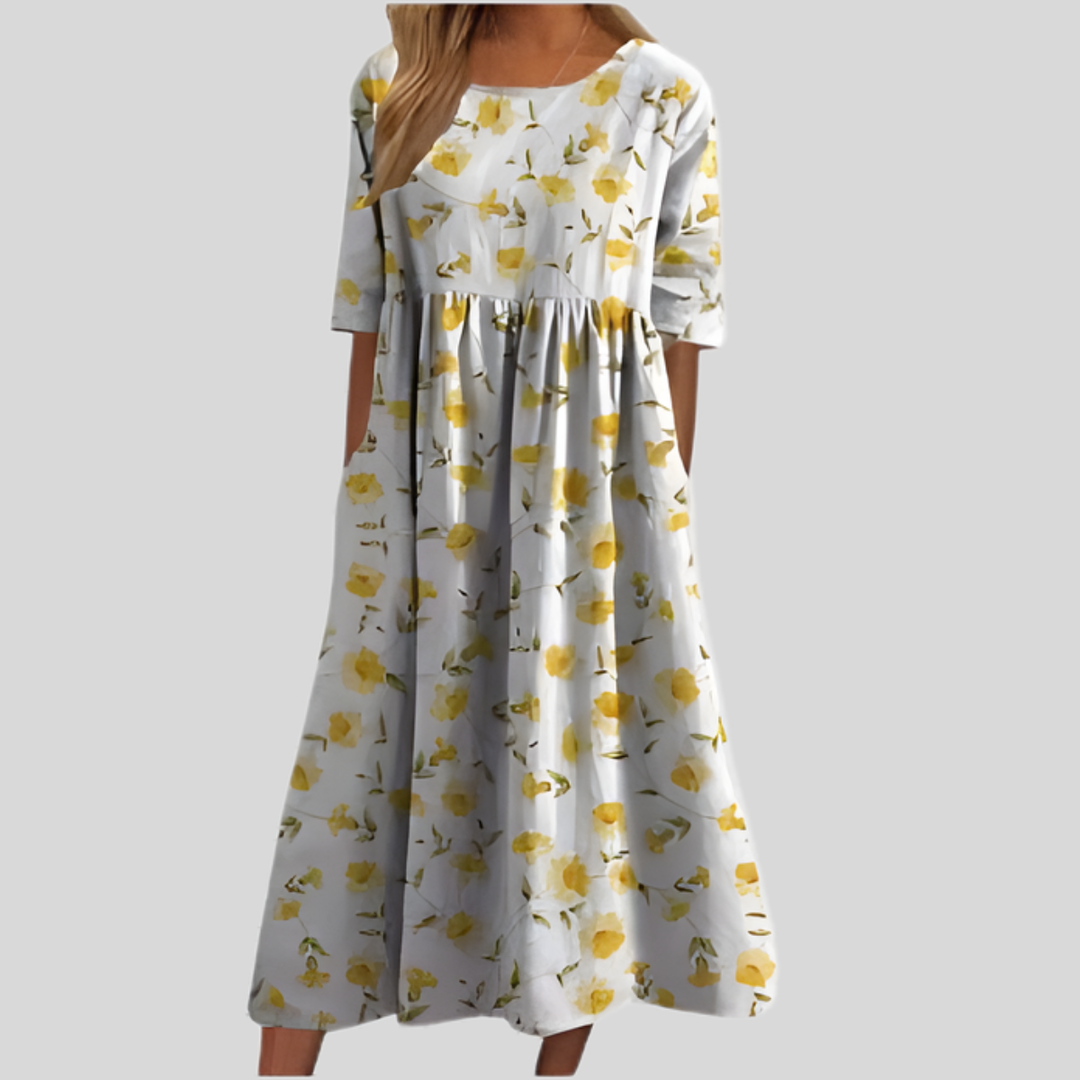 Versatile women's floral empire waist midi dress with pockets. Great for casual day outings in spring/summer.
