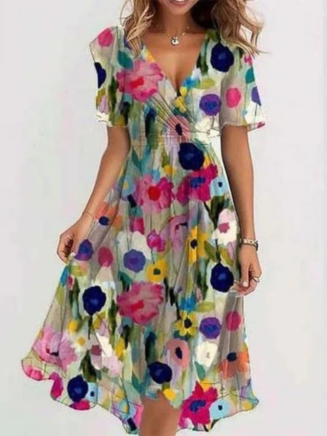 Stylish multi-color summer midi dress, offering a flattering silhouette and comfortable feel for any occasion.