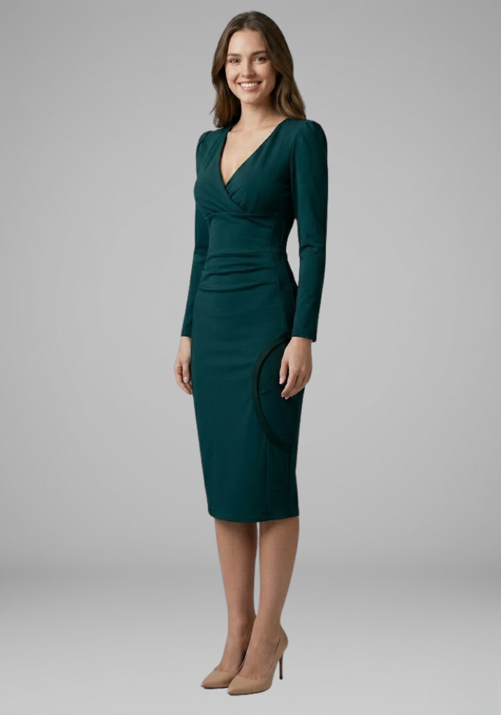 Elegant women's V-neck ruched knee-length dress. Perfect party or formal wear, offering a flattering silhouette.