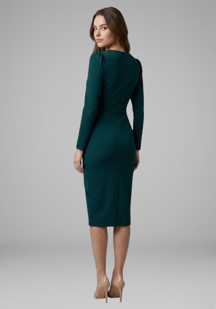 Versatile V-neck ruched knee-length dress for women. Effortless everyday casual wear or chic office attire.