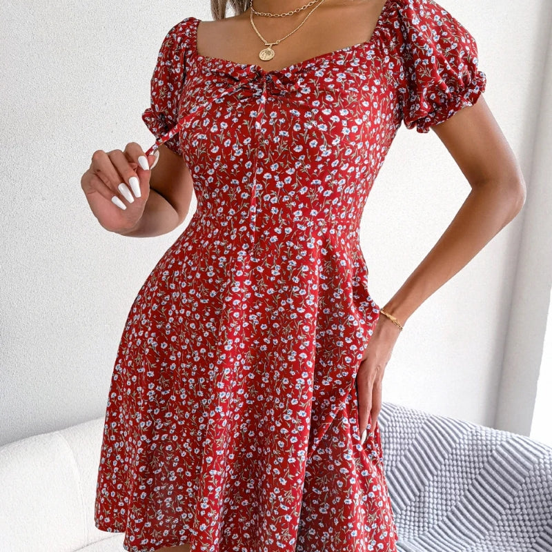 Women's casual floral A-line midi dress, ideal for summer outings and events