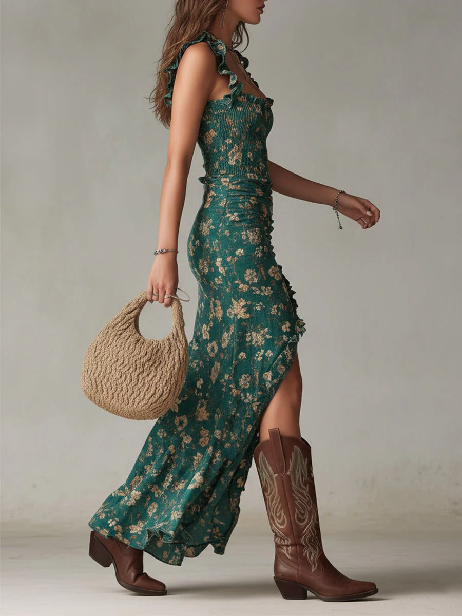 Bohemian floral print maxi dress for women, featuring ruffle straps and a high slit. Ideal for summer parties.