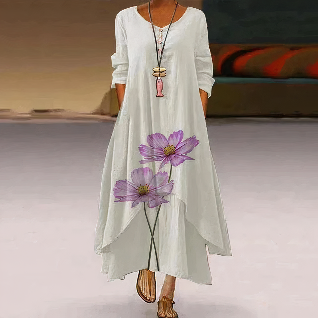 Oversized casual floral print maxi dress for women, with long sleeves & elegant border detail.