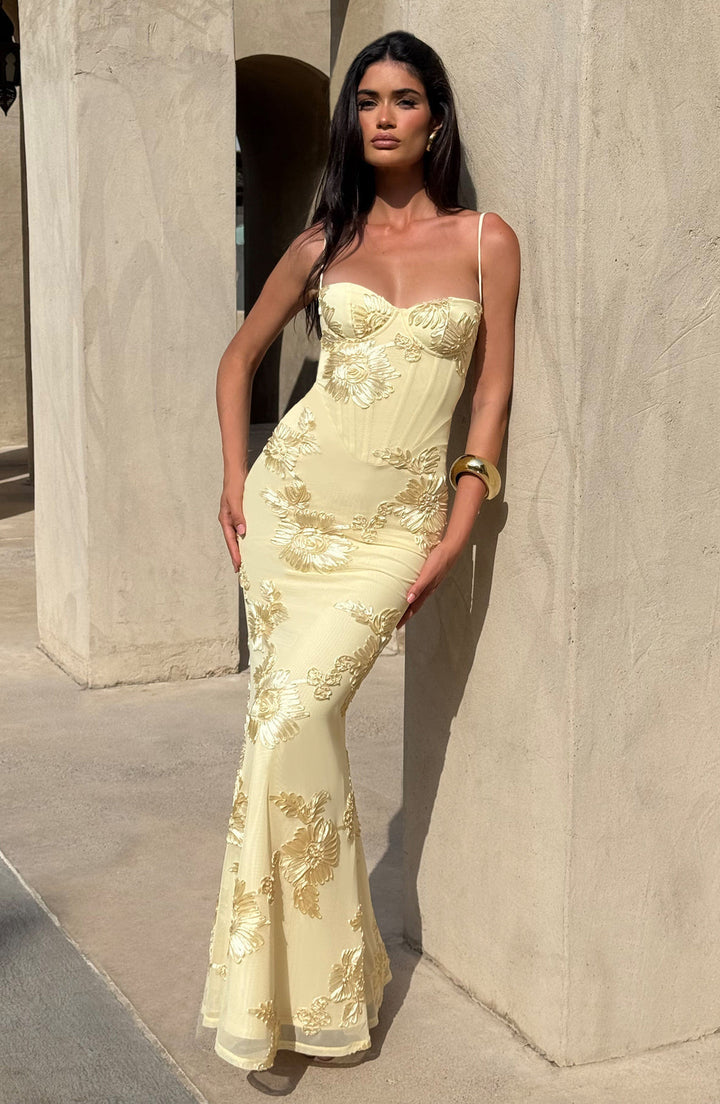 Pretty floral print maxi dress for women with corset bodice & spaghetti straps. Ideal for wedding guests.
