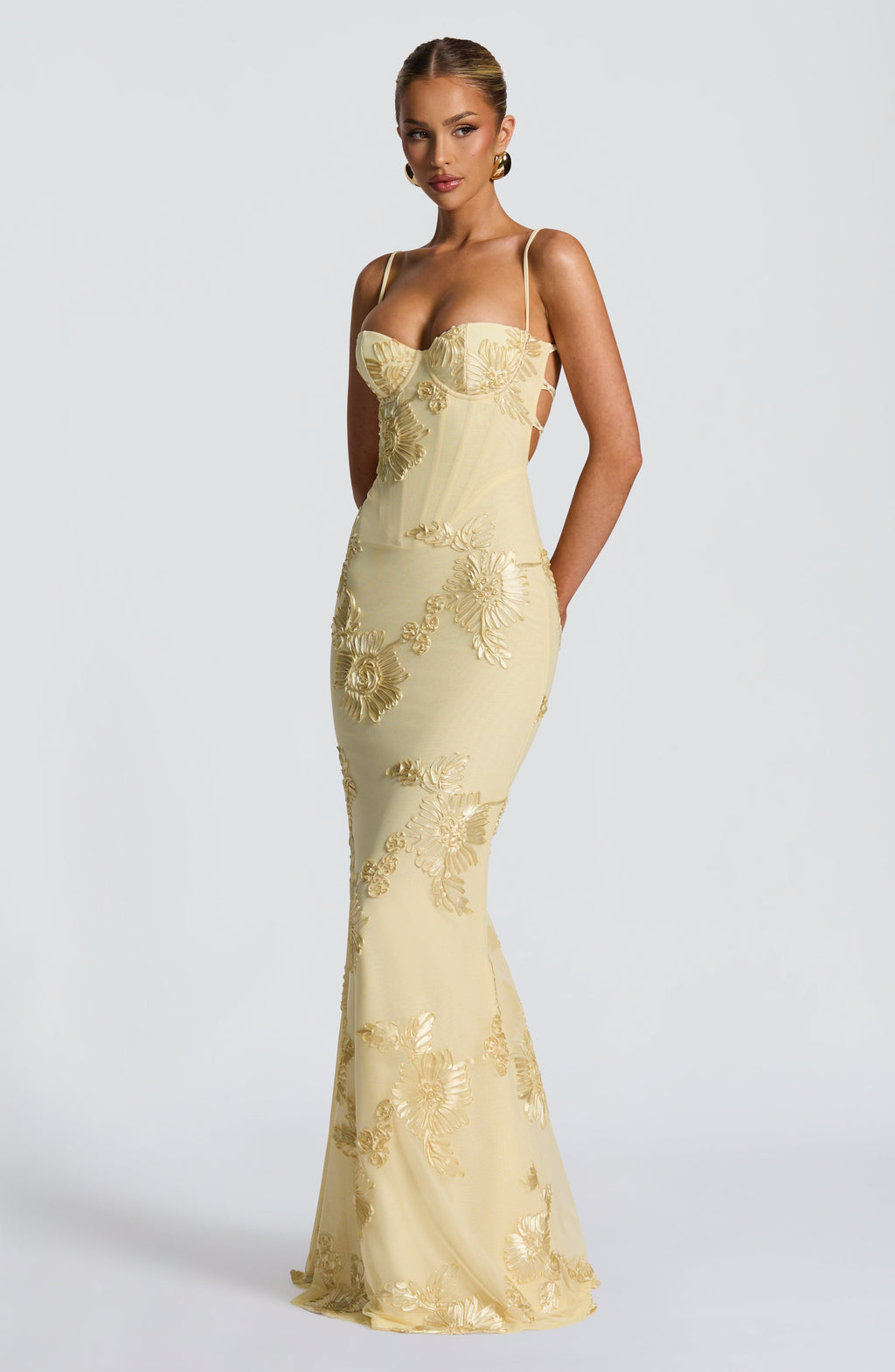 Summer/spring wedding guest floral corset maxi dress for women. Elegant formal evening occasion wear.