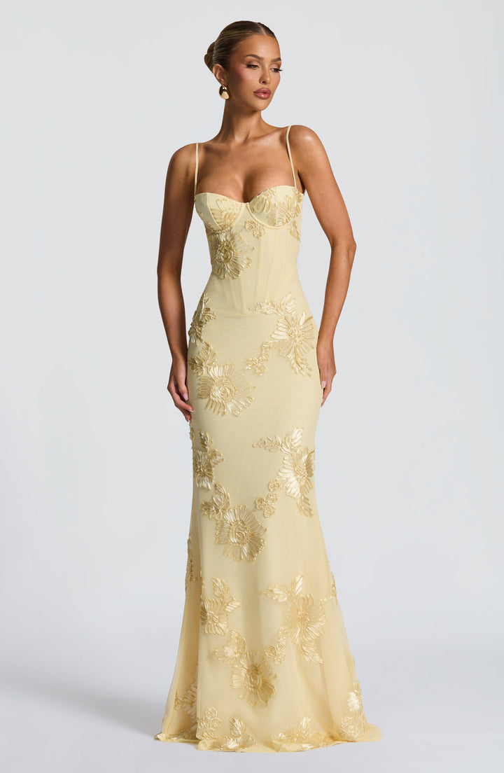 Elegant women's floral corset maxi dress. Perfect spaghetti strap formal wear for spring wedding guests.