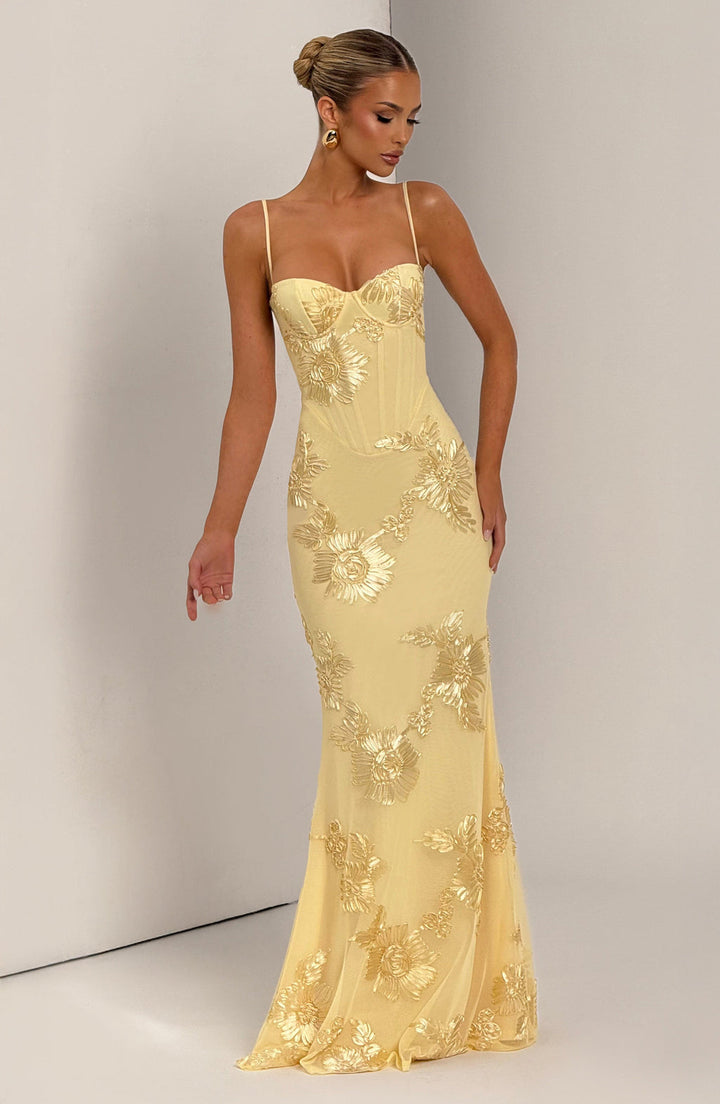 Women's elegant floral corset maxi dress. Spaghetti strap formal wear for spring/summer wedding guests.